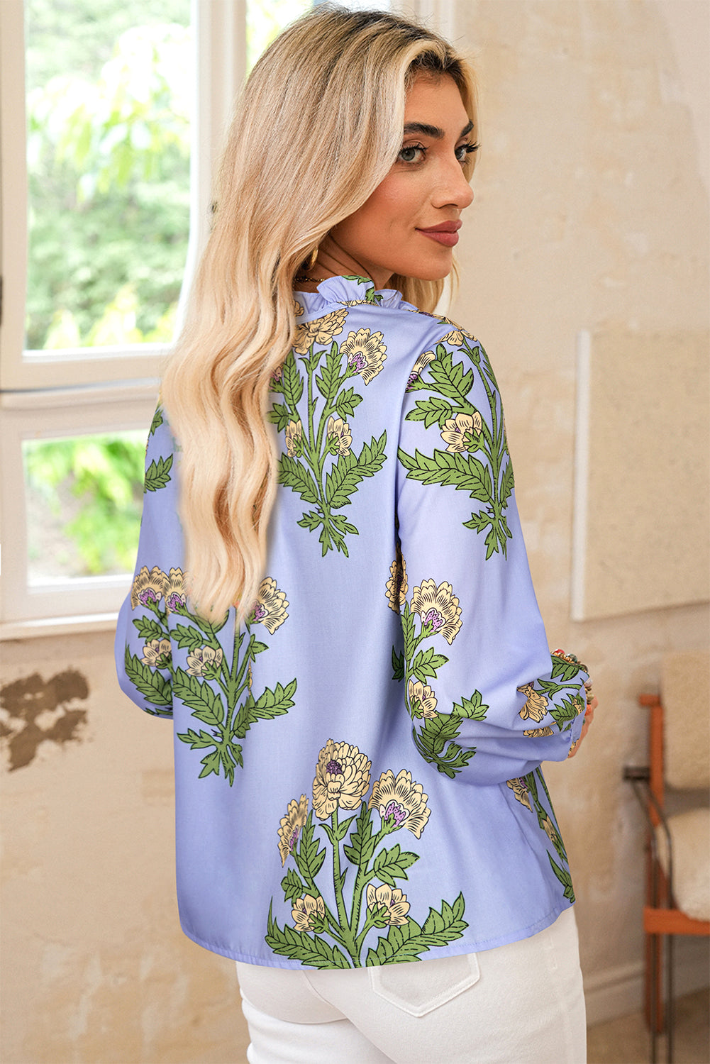 Sky Blue Floral Print Button Tie Neck Long Puff Sleeve Blouse-Tops/Blouses & Shirts-[Adult]-[Female]-2022 Online Blue Zone Planet
