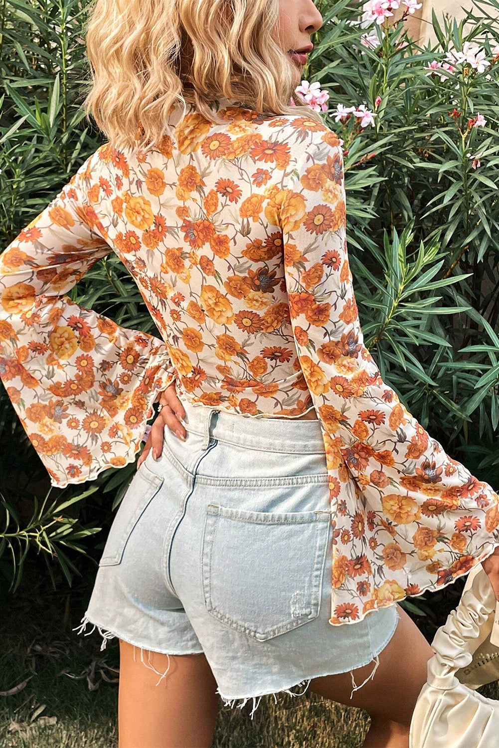 Orange Floral Printed Bell Sleeve Mock Neck Scallop Trim Blouse-Tops/Blouses & Shirts-[Adult]-[Female]-2022 Online Blue Zone Planet