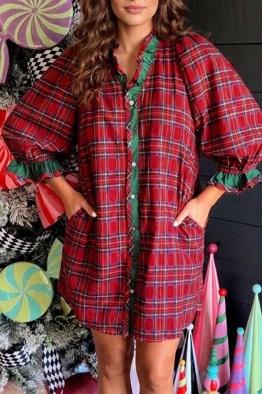 Red Plaid Ruffle Cuff Button Front Pocket Mini Dress-TOPS / DRESSES-[Adult]-[Female]-Red-S-2022 Online Blue Zone Planet