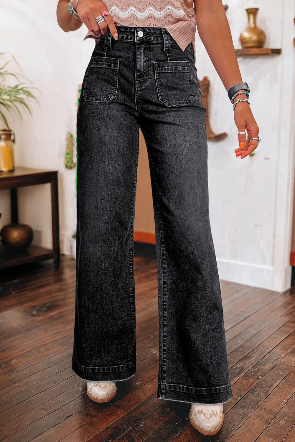 Black Wide Leg Pocketed High Waist Jeans-Bottoms/Jeans-[Adult]-[Female]-2022 Online Blue Zone Planet