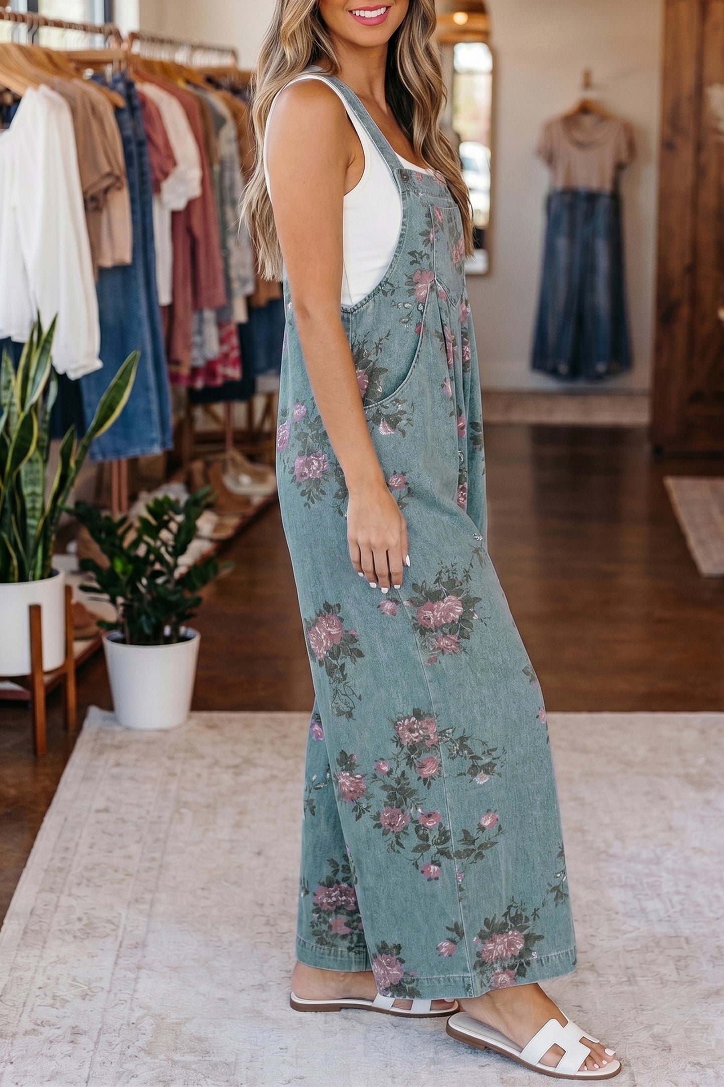 Blue Beau Floral Print Pleated High Waist Wide Leg Denim Jumpsuit-Bottoms/Jumpsuits & Rompers-[Adult]-[Female]-2022 Online Blue Zone Planet