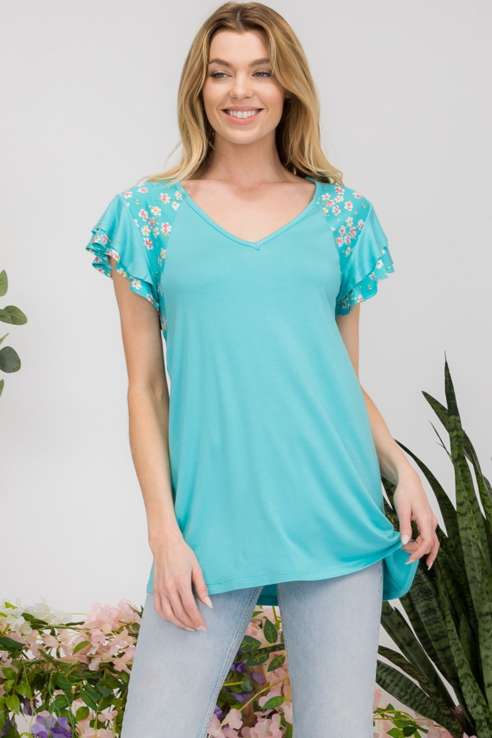 Celeste Full Size Floral Contrast Short Sleeve Top-TOPS / DRESSES-[Adult]-[Female]-Mint Floral-S-2022 Online Blue Zone Planet