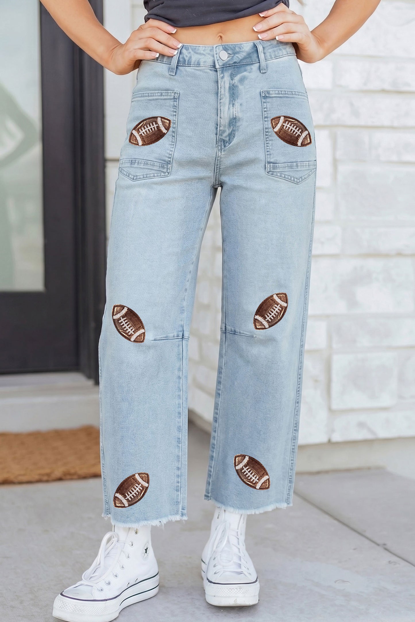 Beau Blue Sequin Detail Patched Rugby Pattern Raw Hem Shift Jeans-Graphic/Graphic Pants-[Adult]-[Female]-2022 Online Blue Zone Planet