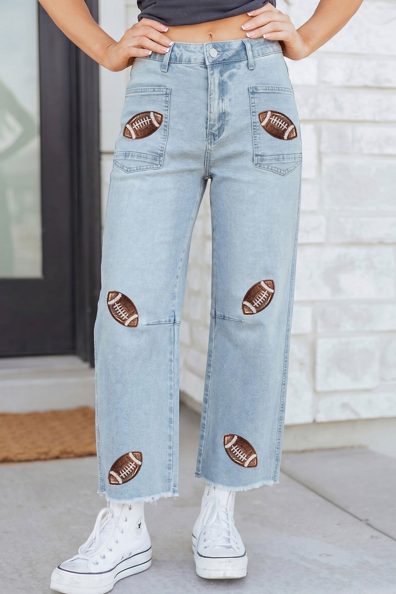 Beau Blue Sequin Detail Patched Rugby Pattern Raw Hem Shift Jeans-Graphic/Graphic Pants-[Adult]-[Female]-2022 Online Blue Zone Planet