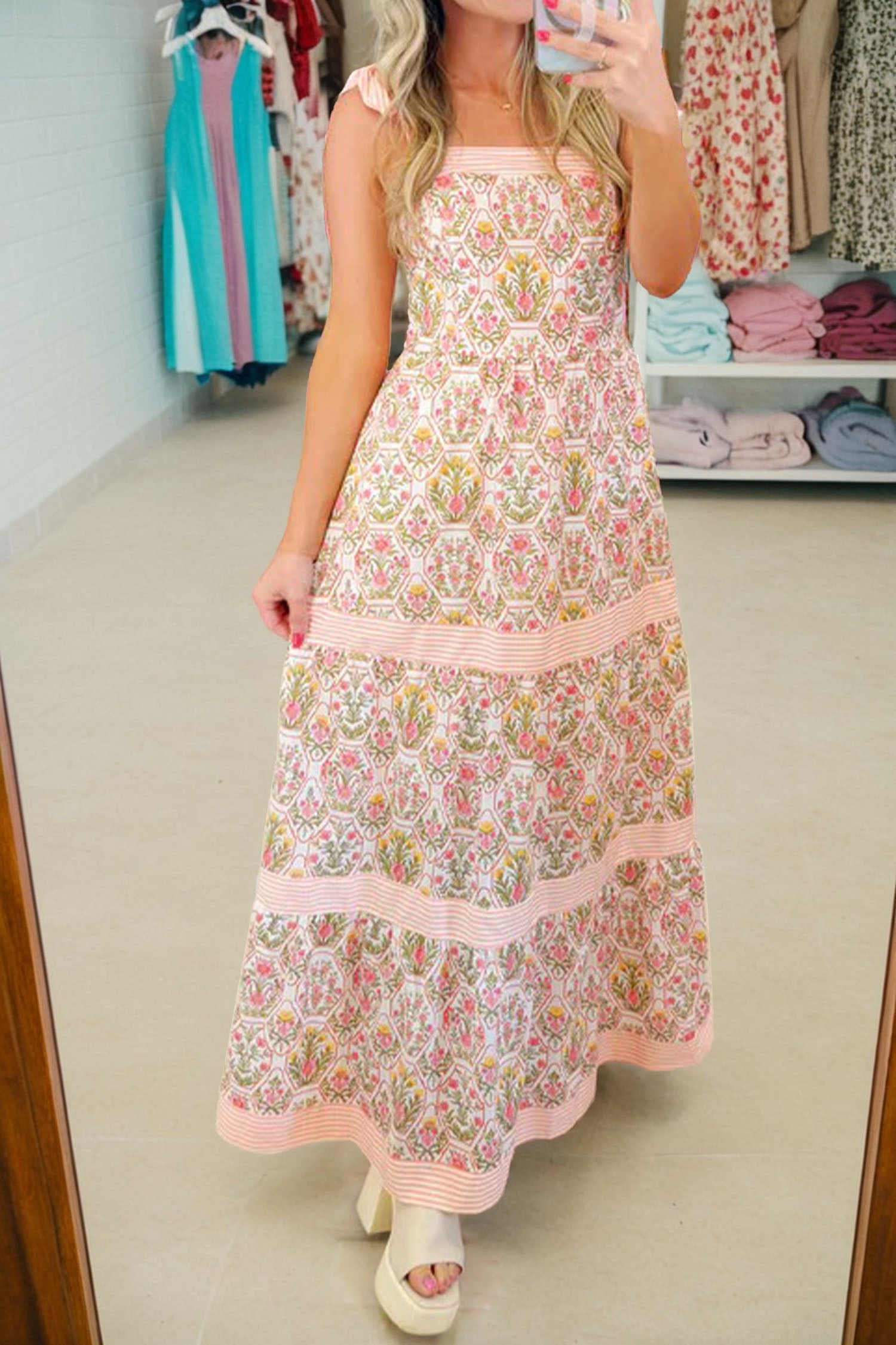 Pink Geometric Floral Print Striped Patchwork Detail Sleeveless Dress-Dresses/Floral Dresses-[Adult]-[Female]-Pink-S-2022 Online Blue Zone Planet
