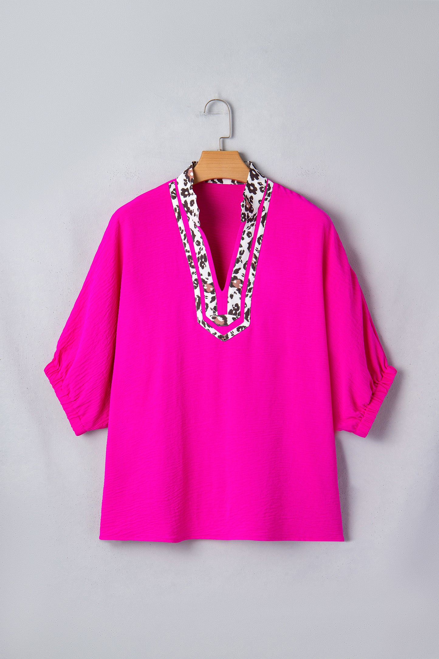 Rose Red Dolman Half Sleeve Leopard Patchwork Trim V Neck Blouse-Tops/Blouses & Shirts-[Adult]-[Female]-2022 Online Blue Zone Planet