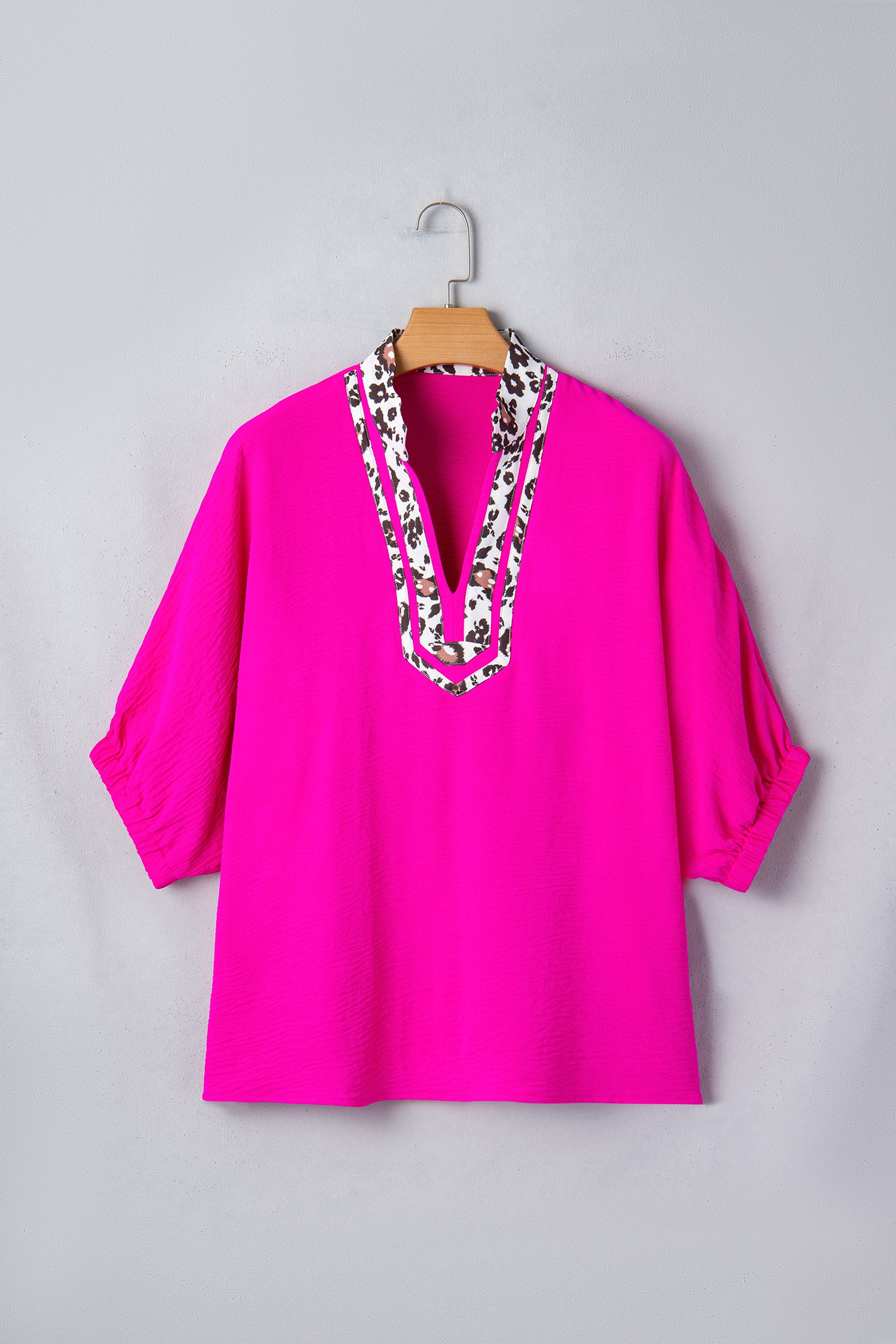 Rose Red Dolman Half Sleeve Leopard Patchwork Trim V Neck Blouse-Tops/Blouses & Shirts-[Adult]-[Female]-2022 Online Blue Zone Planet