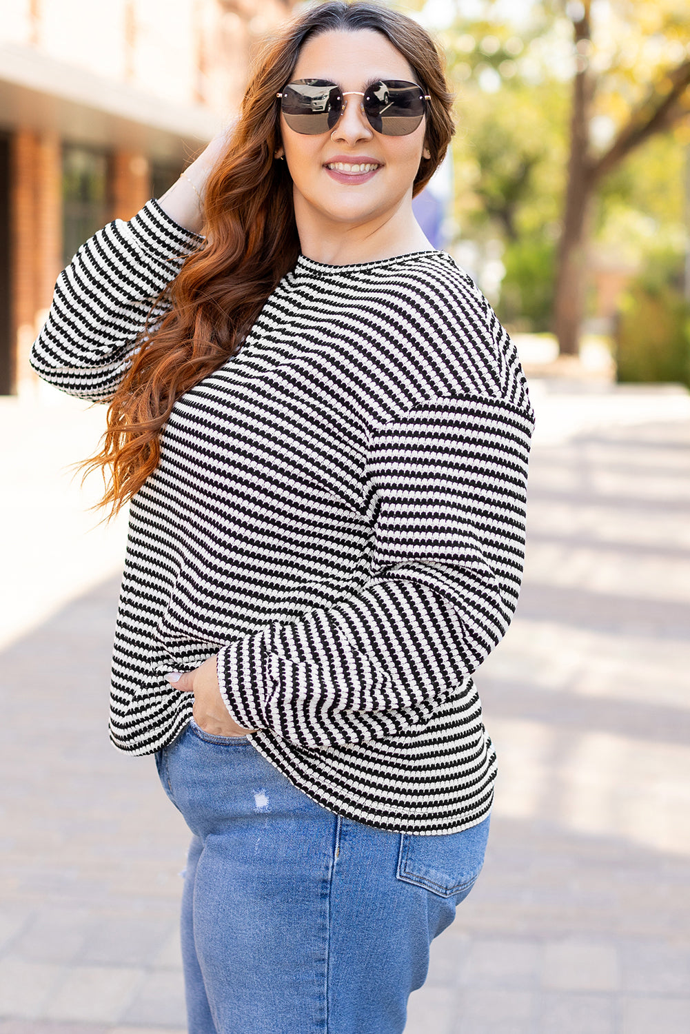 Black Stripe Drop Shoulder Puff Long Sleeve O Neck Plus Size T Shirt-Plus Size/Plus Size Tops/Plus Size Long Sleeve Tops-[Adult]-[Female]-2022 Online Blue Zone Planet