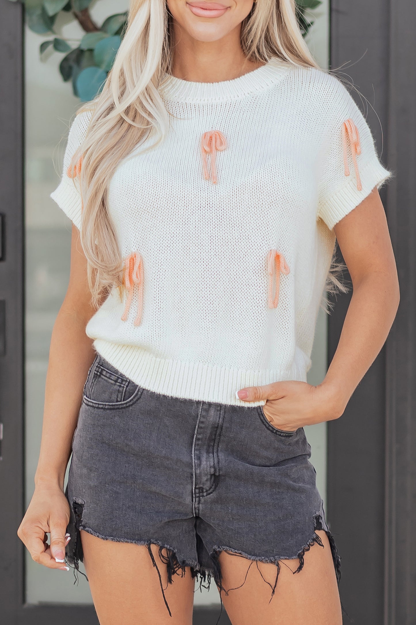 White Short Sleeve Knit Contrast Bow Knot Loose Sweater-TOPS / DRESSES-[Adult]-[Female]-2022 Online Blue Zone Planet