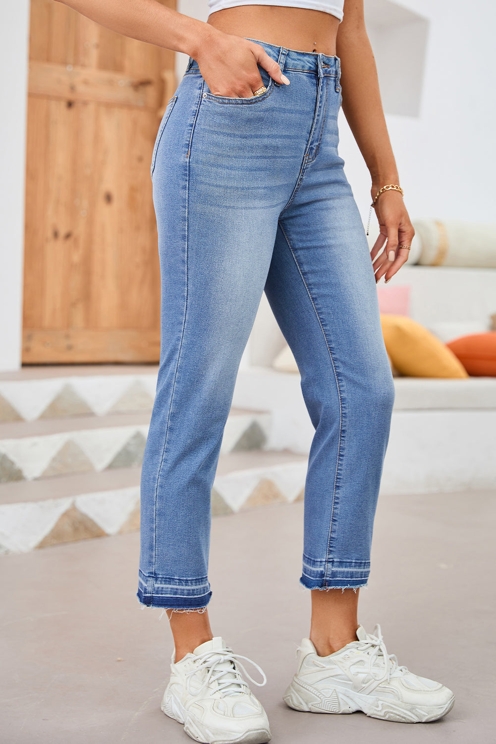 Sky Blue Whiskered Wash Raw Hem Cropped Jeans-Bottoms/Jeans-[Adult]-[Female]-2022 Online Blue Zone Planet