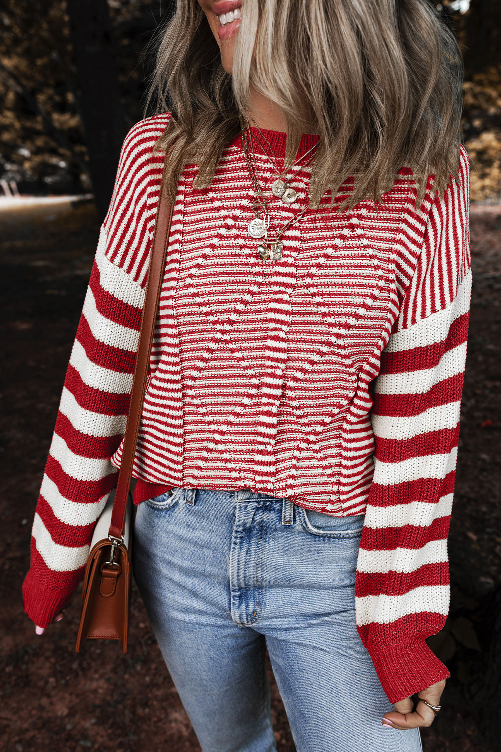 Brown Stripe Geometric Textured Drop Shoulder Sweater-TOPS / DRESSES-[Adult]-[Female]-Red Stripe-S-2022 Online Blue Zone Planet