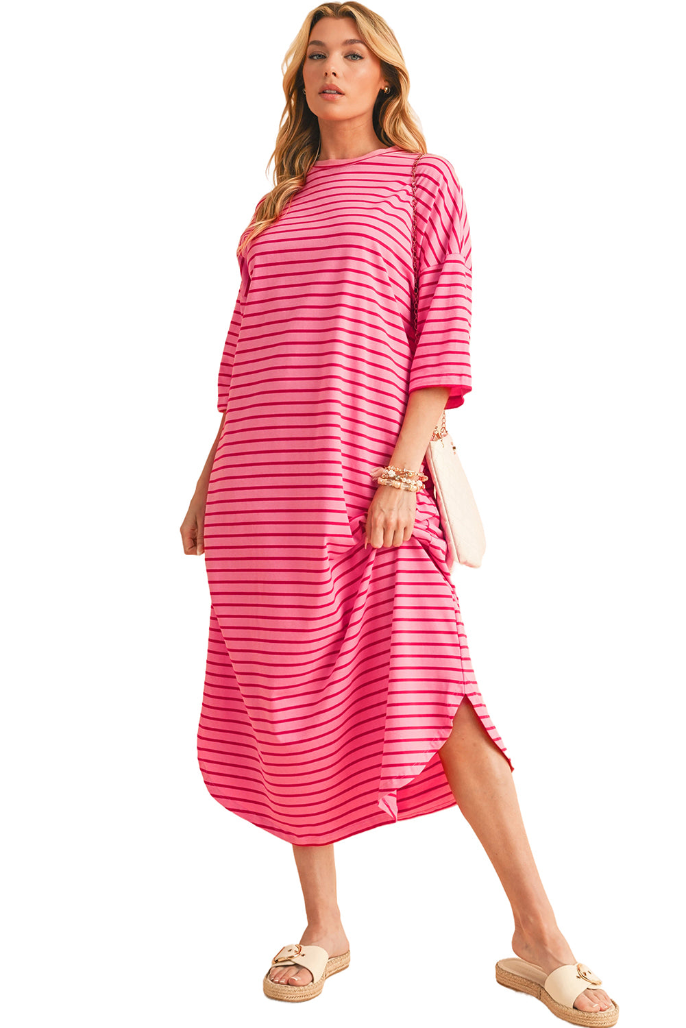 Strawberry Pink Striped Drop Sleeve Loose Dress-Maxi Dresses-[Adult]-[Female]-2022 Online Blue Zone Planet