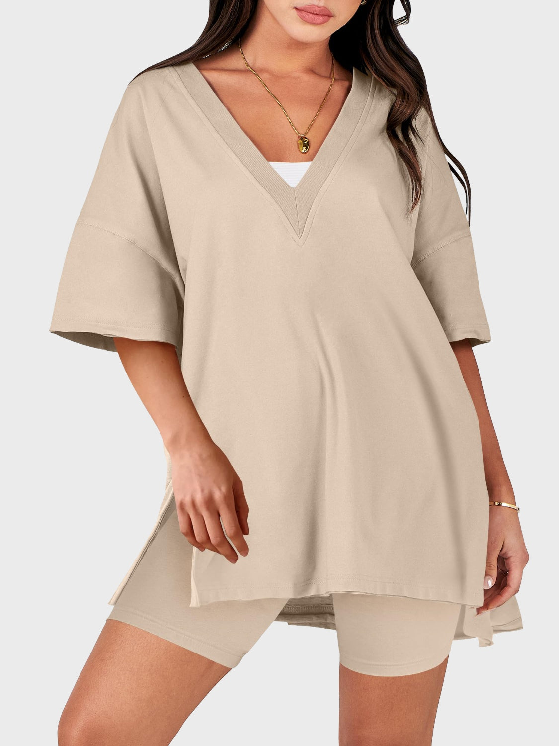 Blue Zone Planet | Lovelet V-Neck Half Sleeve Top and Shorts Set-TOPS / DRESSES-[Adult]-[Female]-Khaki-S-2022 Online Blue Zone Planet