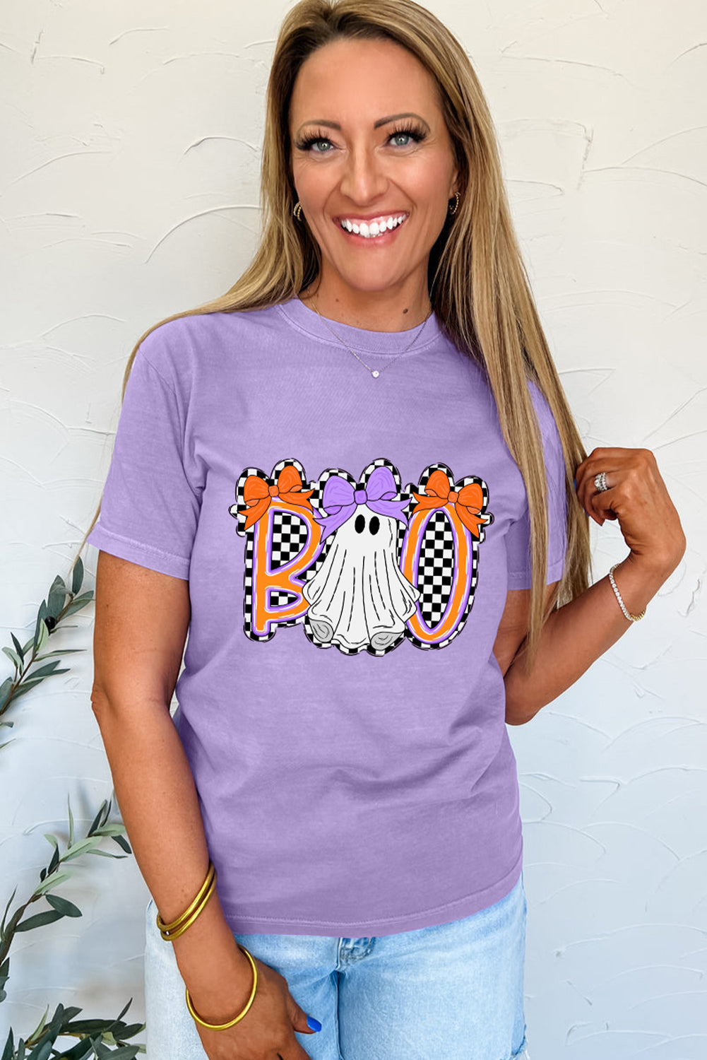 Wisteria Boo Checkered Bow Ghost Halloween Graphic Tee-Graphic/Graphic Tees-[Adult]-[Female]-2022 Online Blue Zone Planet