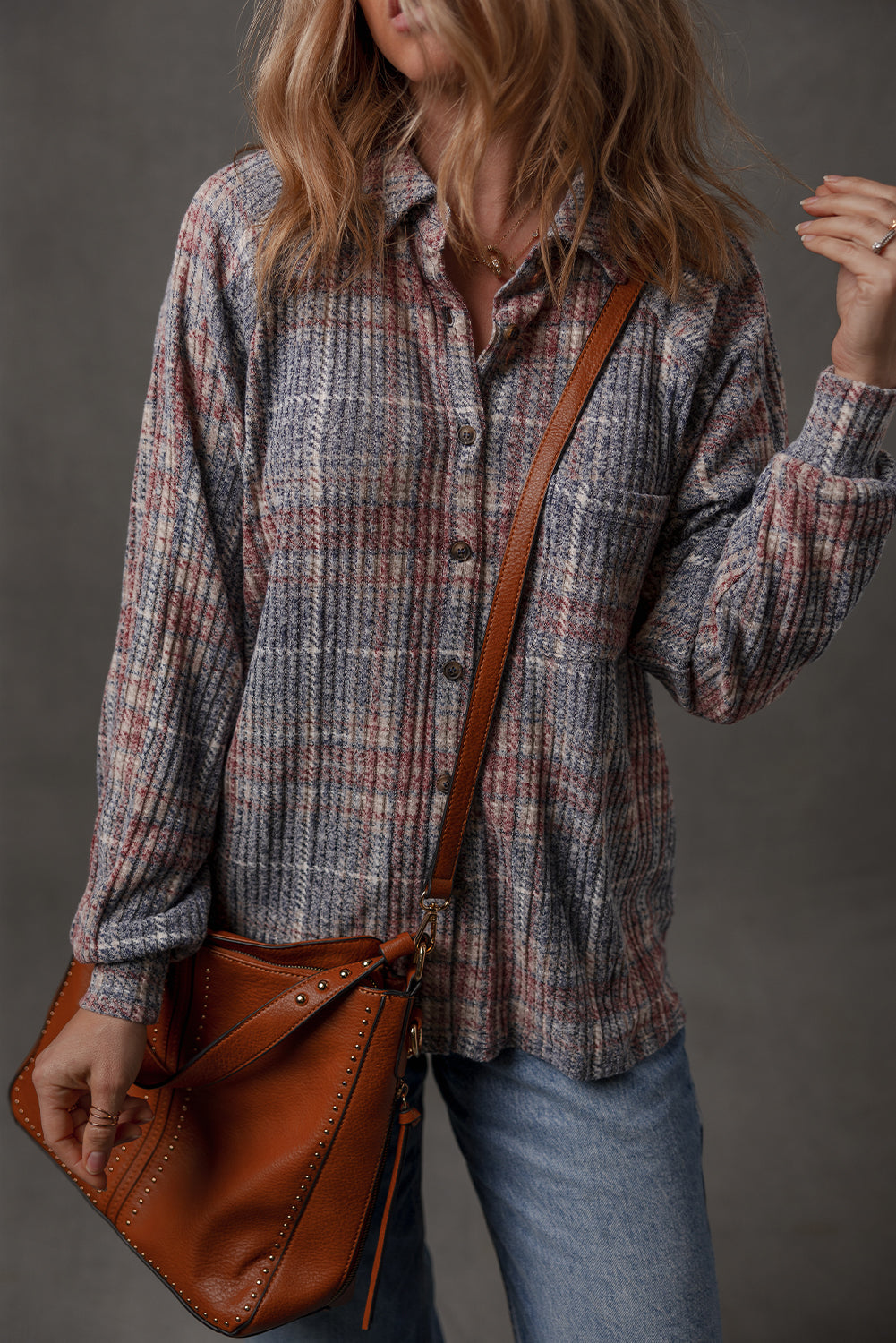 Multicolour Plaid Textured Chest Pocket Vintage Shirt-Tops/Blouses & Shirts-[Adult]-[Female]-2022 Online Blue Zone Planet