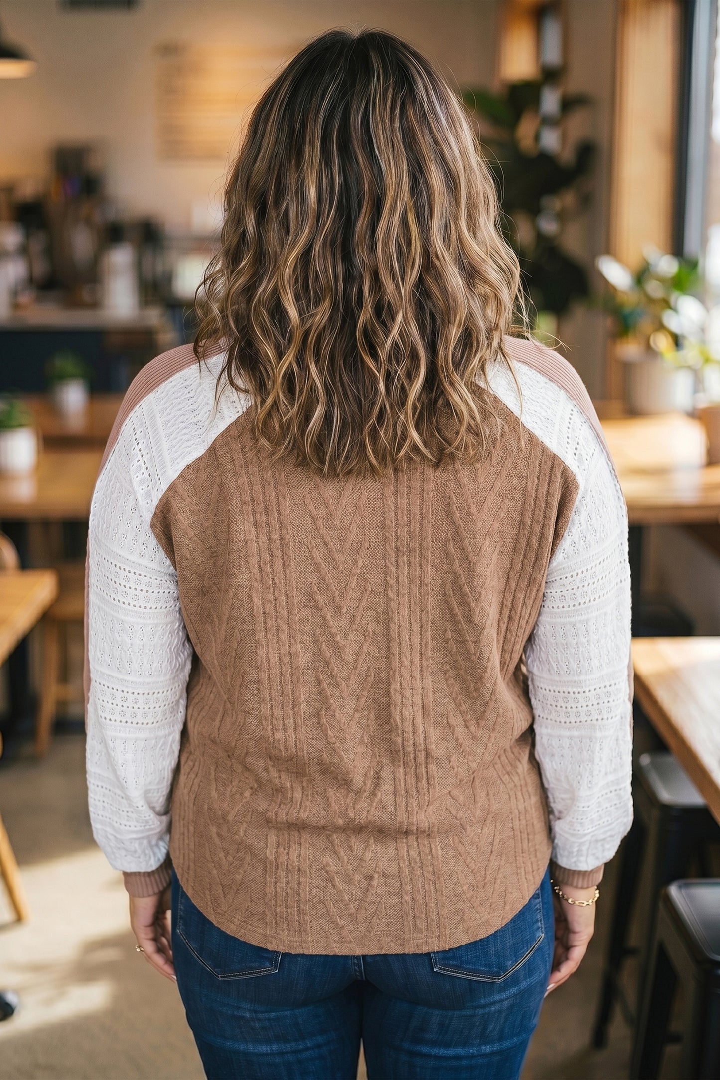 Coffee V Neck Lace Sleeve Patchwork Plus Size Blouse-Plus Size/Plus Size Tops/Plus Size Long Sleeve Tops-[Adult]-[Female]-2022 Online Blue Zone Planet