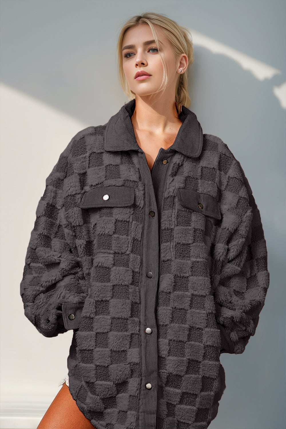 Blue Zone Planet | Double Take Button Up Fuzzy Checkered Shacket-TOPS / DRESSES-[Adult]-[Female]-Black-S-2022 Online Blue Zone Planet