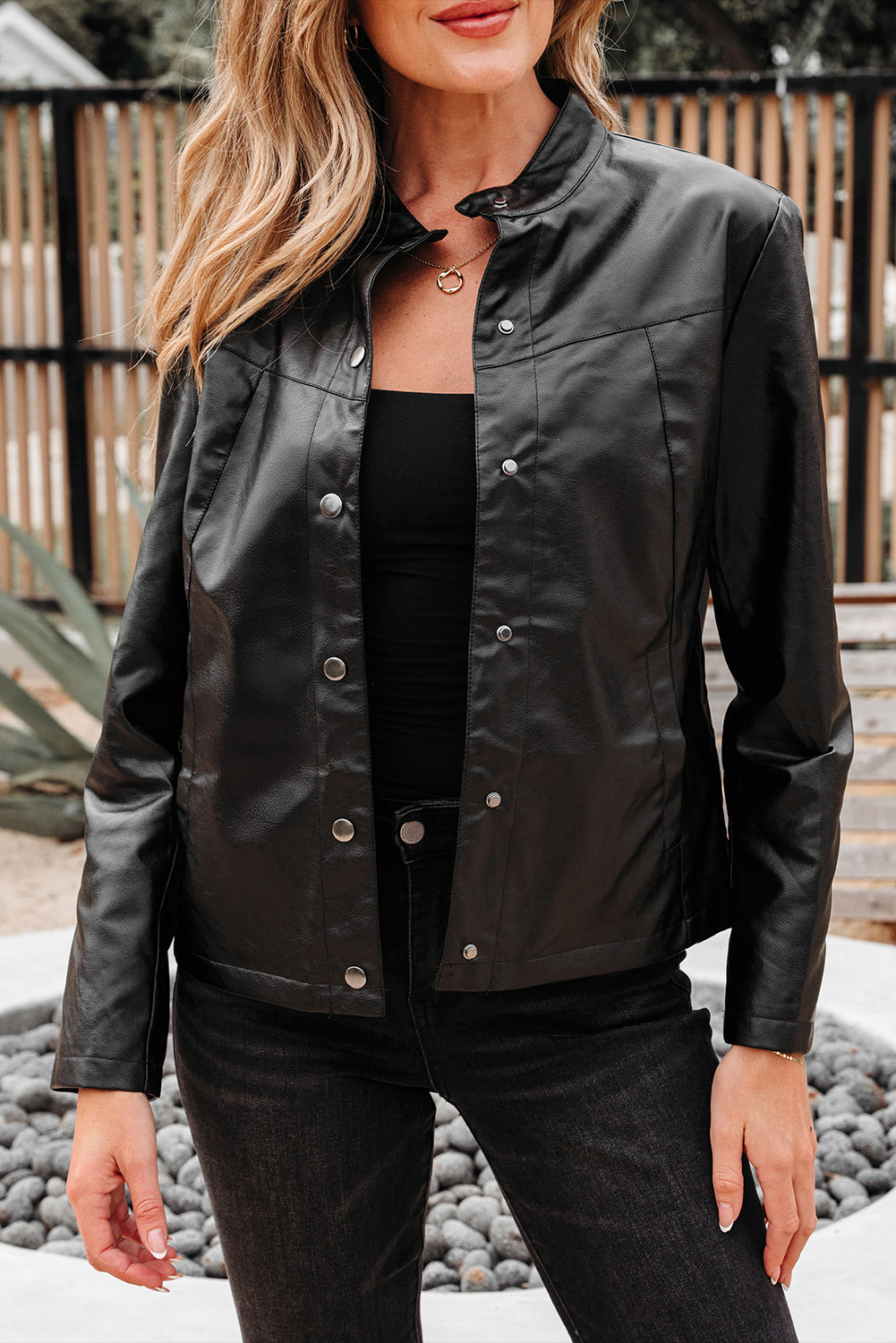 Black Faux Leather Buttoned Front Boxy Jacket-Outerwear/Jackets-[Adult]-[Female]-2022 Online Blue Zone Planet