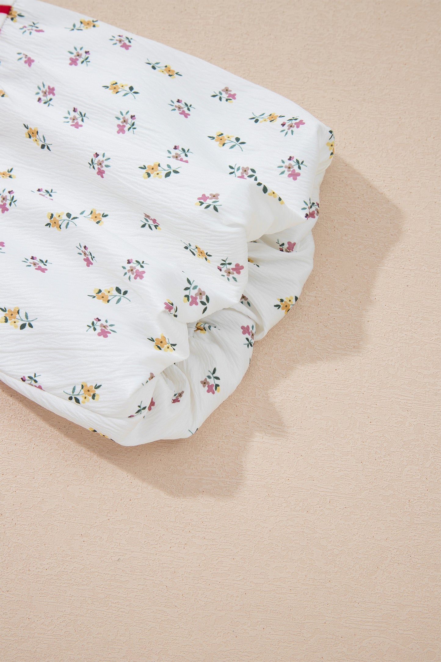 Red Stripe Floral Puff Sleeve Patchwork Round Neck Loose Top-Tops/Blouses & Shirts-[Adult]-[Female]-2022 Online Blue Zone Planet