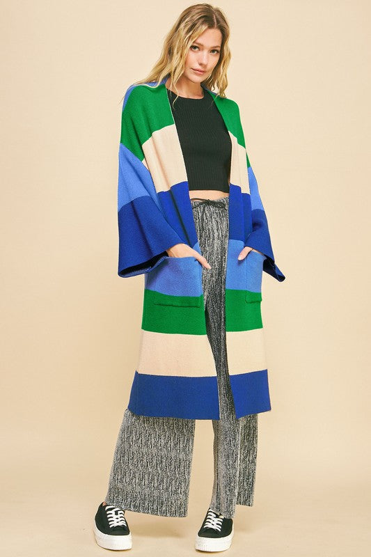 Davi & Dani Color Block Kimono Sleeve Open Front Cardigan-TOPS / DRESSES-[Adult]-[Female]-Blue Stripe-S-2022 Online Blue Zone Planet