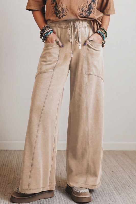 Smoke Gray Mineral Wash Drawstring Retro High Waist Wide Leg Western Pants-Bottoms/Pants & Culotte-[Adult]-[Female]-2022 Online Blue Zone Planet