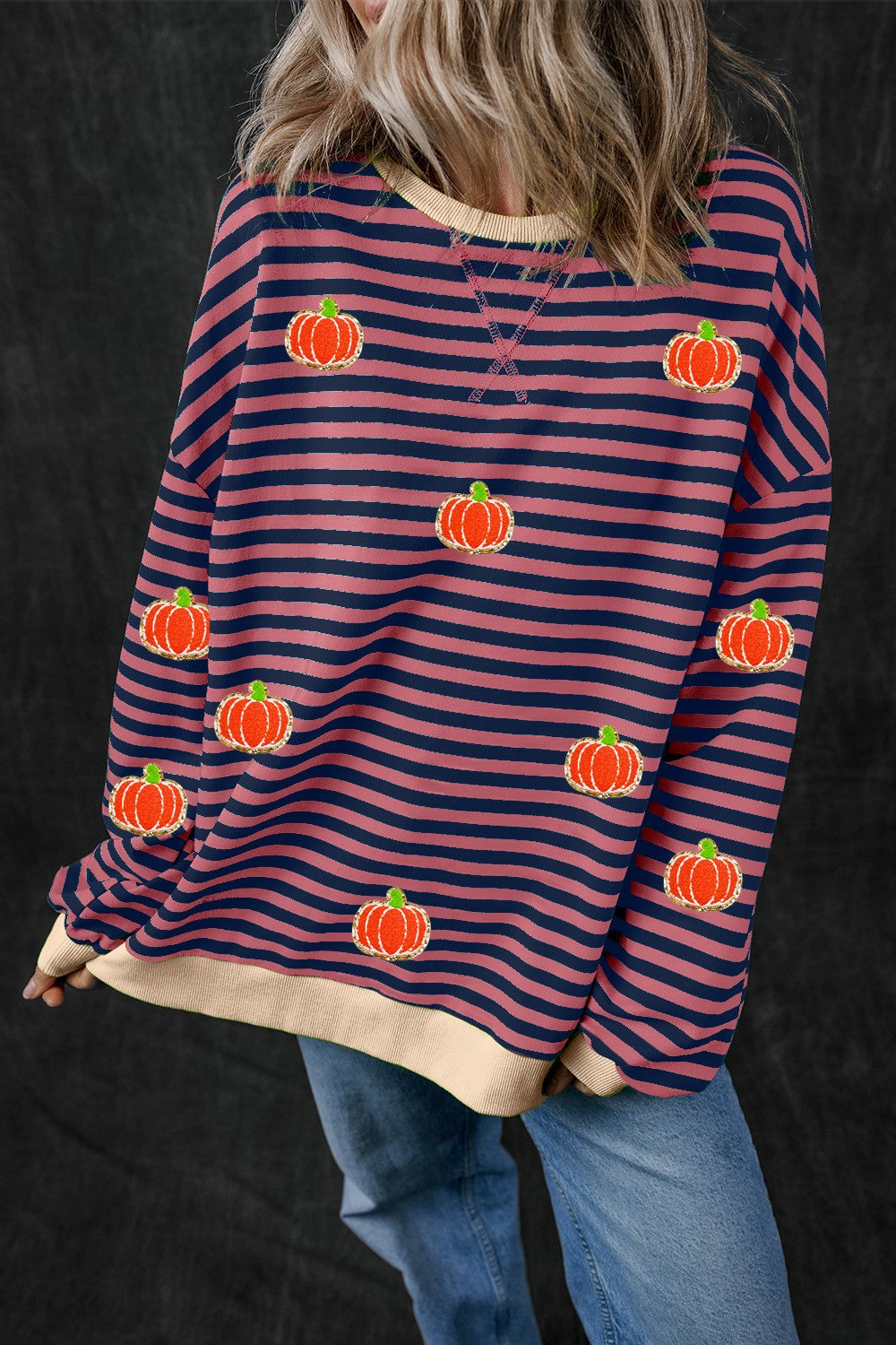 Blue Zone Planet | Pumpkin Striped Long Sleeve Sweatshirt-TOPS / DRESSES-[Adult]-[Female]-Dusty Pink-S-2022 Online Blue Zone Planet