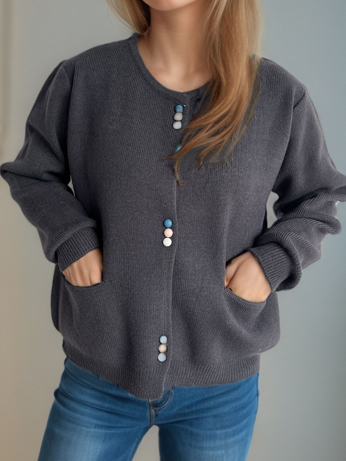 Blue Zone Planet | Button Down Long Sleeve Cardigan with Pockets-TOPS / DRESSES-[Adult]-[Female]-Dark Gray-One Size-2022 Online Blue Zone Planet