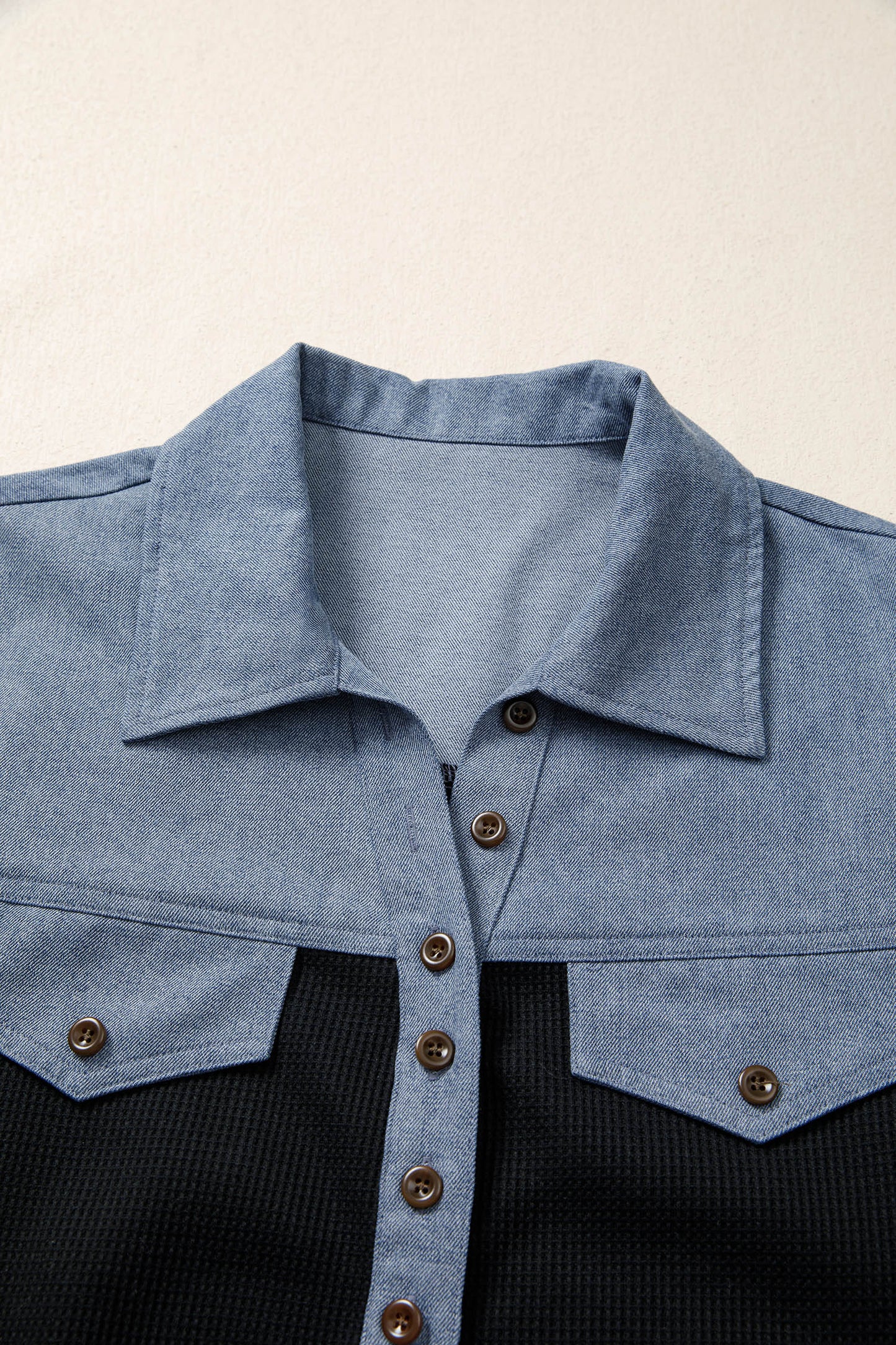 Black Waffle Knit Denim Color Block Patchwork Button Flap Polo Top-Tops/Blouses & Shirts-[Adult]-[Female]-2022 Online Blue Zone Planet