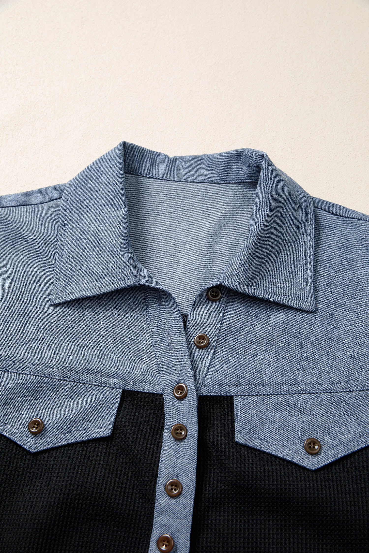 Black Waffle Knit Denim Color Block Patchwork Button Flap Polo Top-Tops/Blouses & Shirts-[Adult]-[Female]-2022 Online Blue Zone Planet