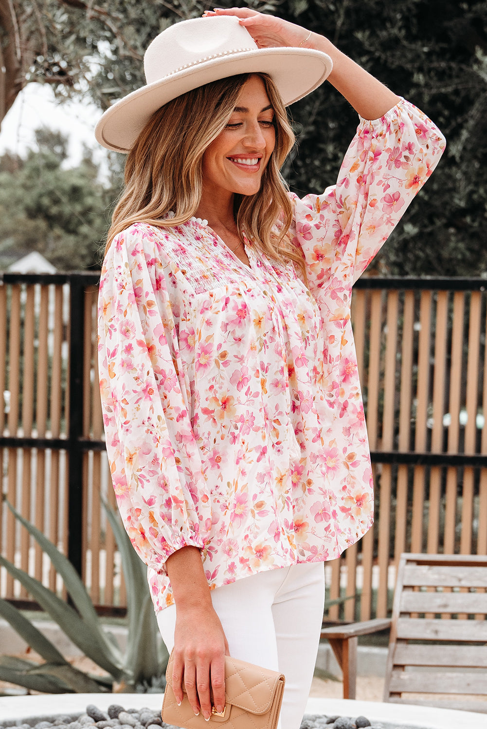Pink Floral Print Tassel Tie Smocked V Neck Puff Sleeve Tunic Blouse-Tops/Blouses & Shirts-[Adult]-[Female]-2022 Online Blue Zone Planet