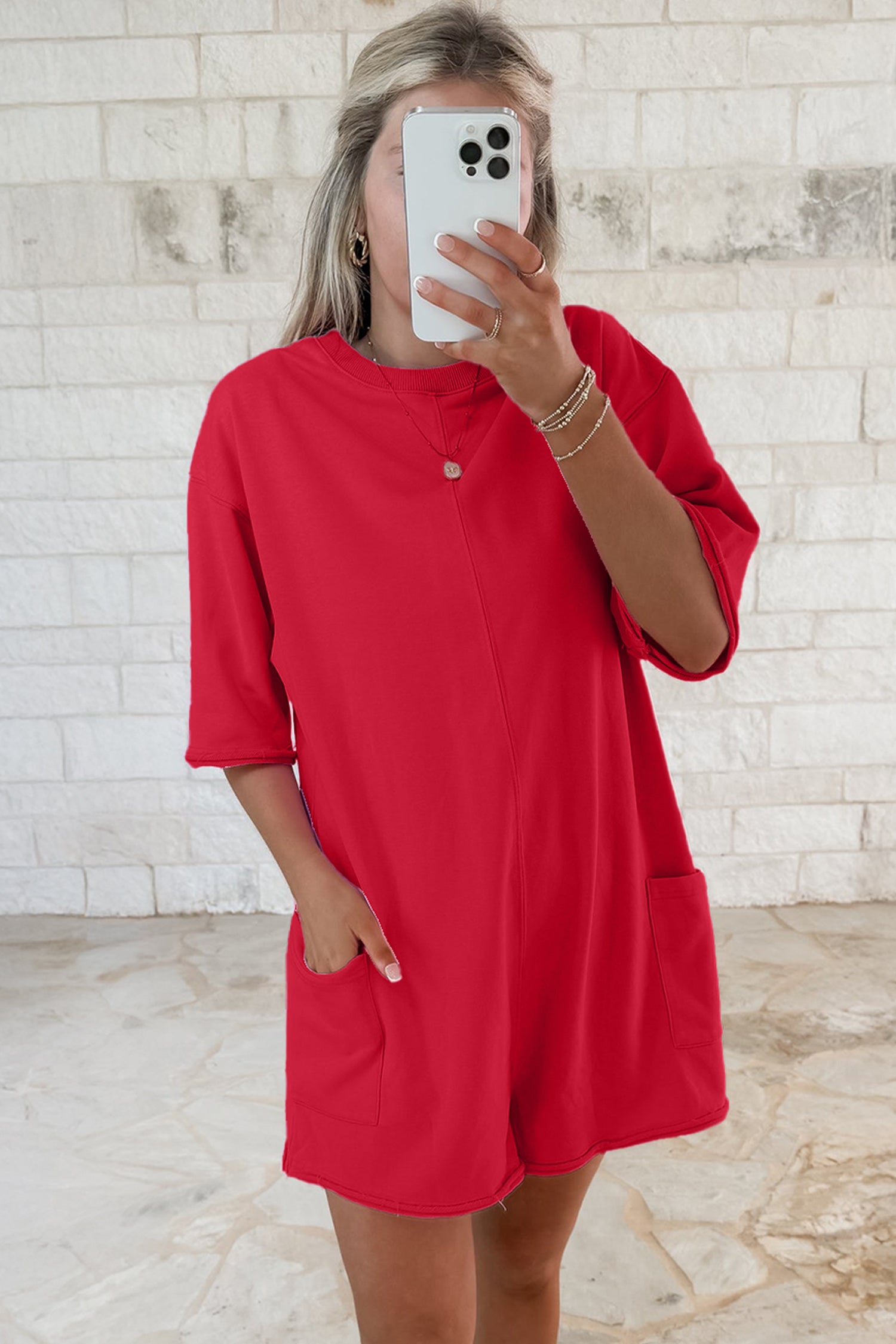 Bright Green Solid Color Raw Edge Half Sleeve Pocketed Loose Romper-Bottoms/Jumpsuits & Rompers-[Adult]-[Female]-2022 Online Blue Zone Planet