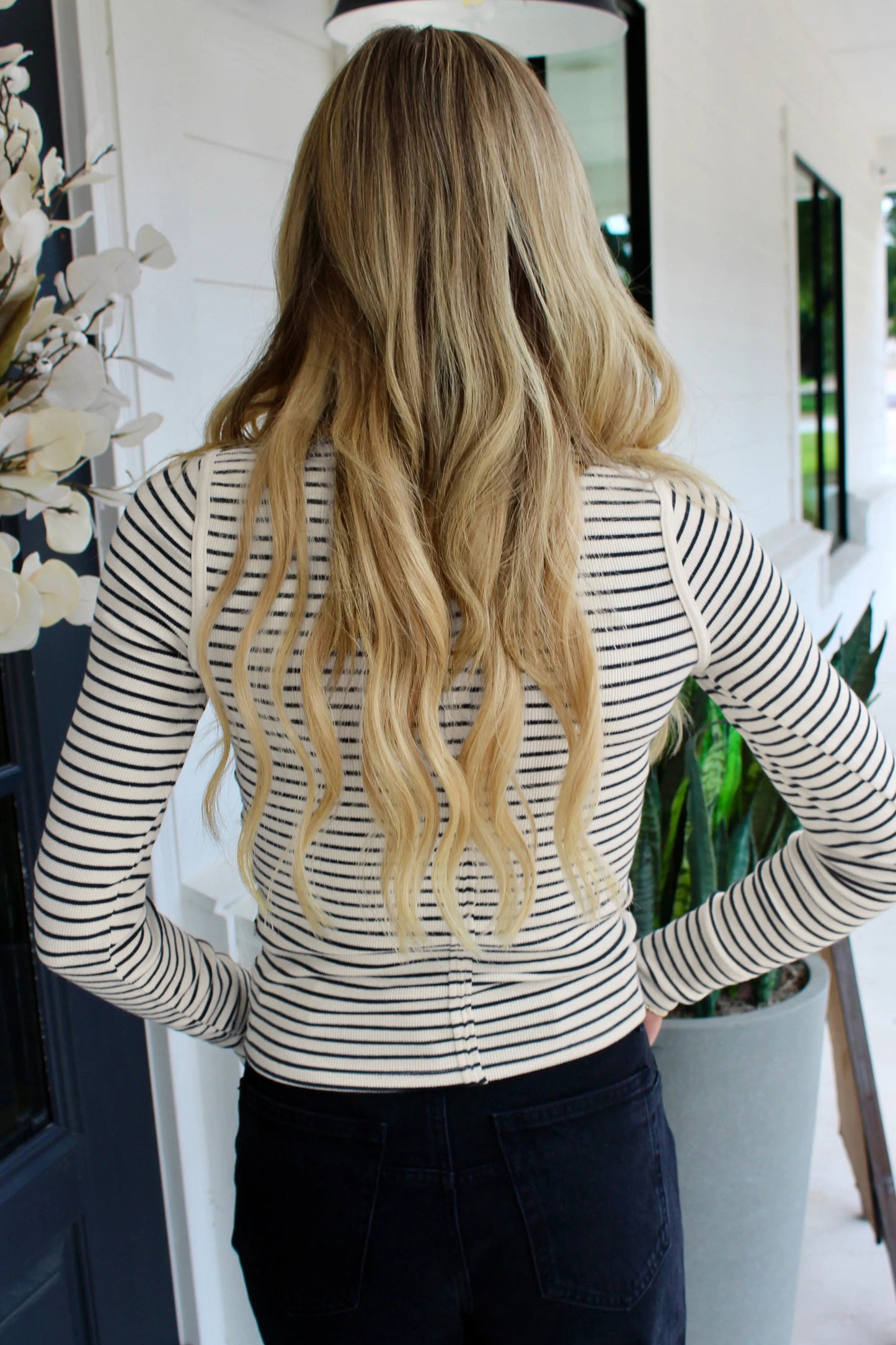 Black Stripe Ribbed Knit Half Button Long Sleeve Slim Top-Tops/Long Sleeve Tops-[Adult]-[Female]-2022 Online Blue Zone Planet