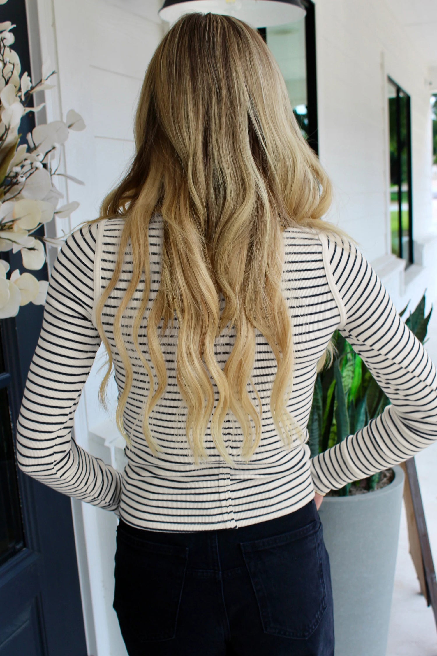 Black Stripe Ribbed Knit Half Button Long Sleeve Slim Top-Tops/Long Sleeve Tops-[Adult]-[Female]-2022 Online Blue Zone Planet