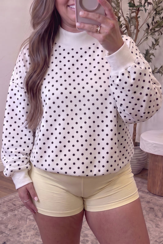 White Polka Dot Ribbed Stand Neck Plus Size Casual Sweatshirt-Plus Size/Plus Size Sweatshirts & Hoodies-[Adult]-[Female]-White-1X-2022 Online Blue Zone Planet