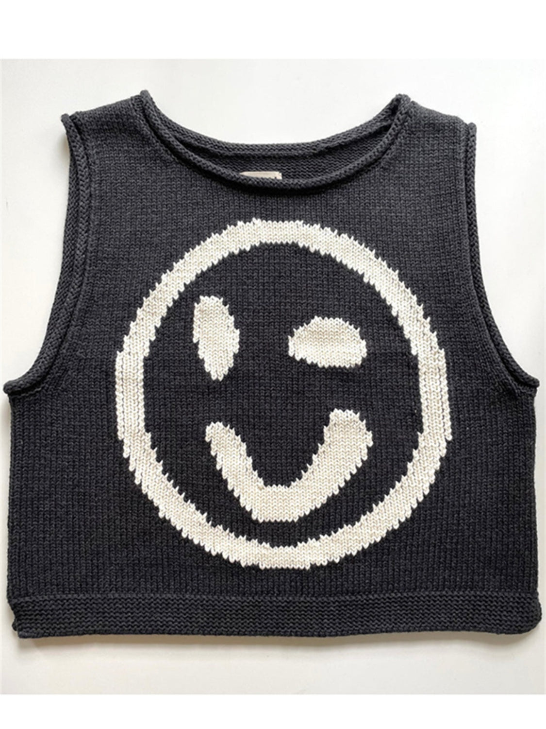 Smiley Round Neck Sweater Vest-TOPS / DRESSES-[Adult]-[Female]-Black-S-2022 Online Blue Zone Planet