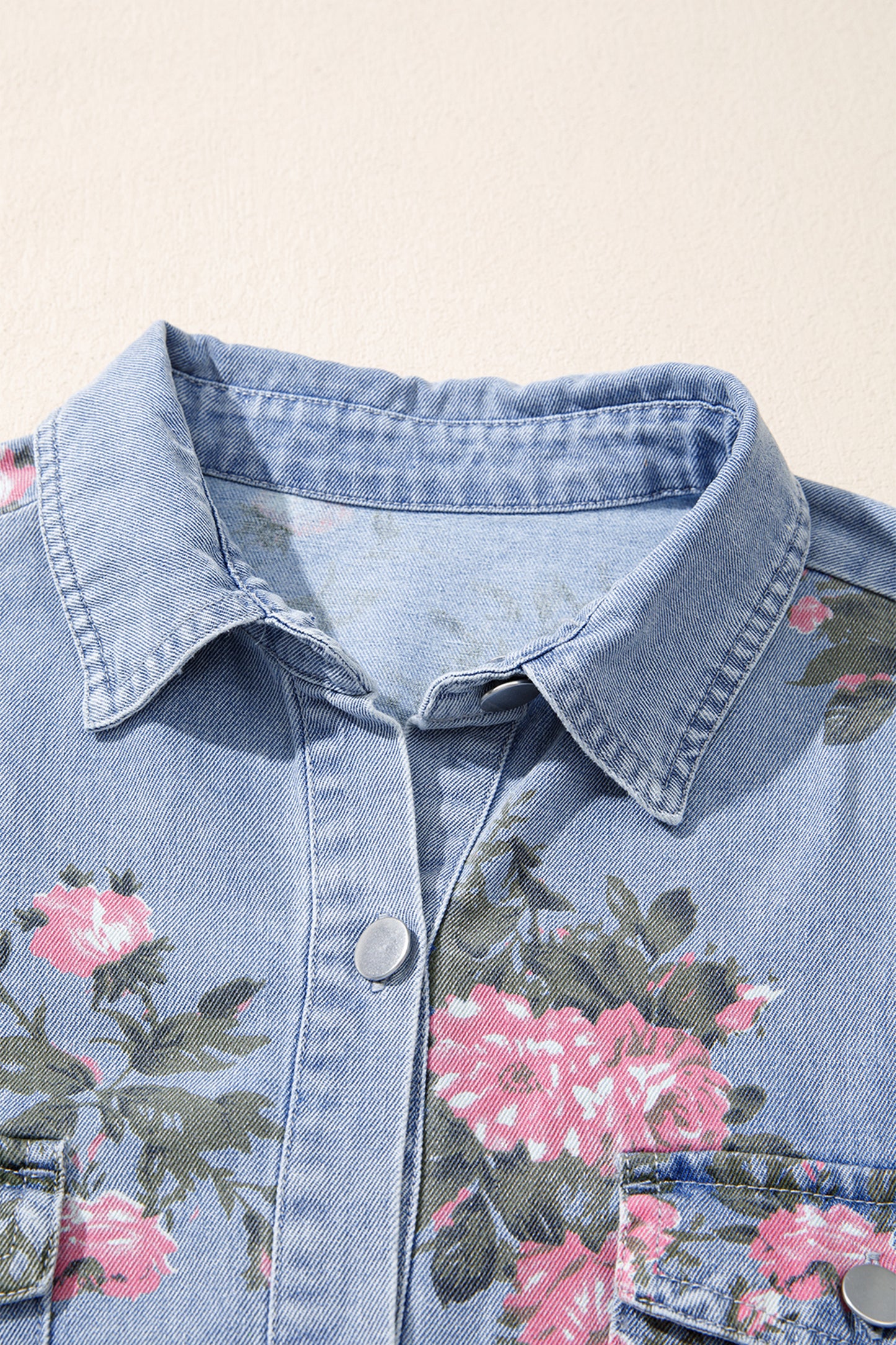 Sky Blue Denim Floral Print Cuffed Short Sleeve Button Down Shift Dress-TOPS / DRESSES-[Adult]-[Female]-2022 Online Blue Zone Planet