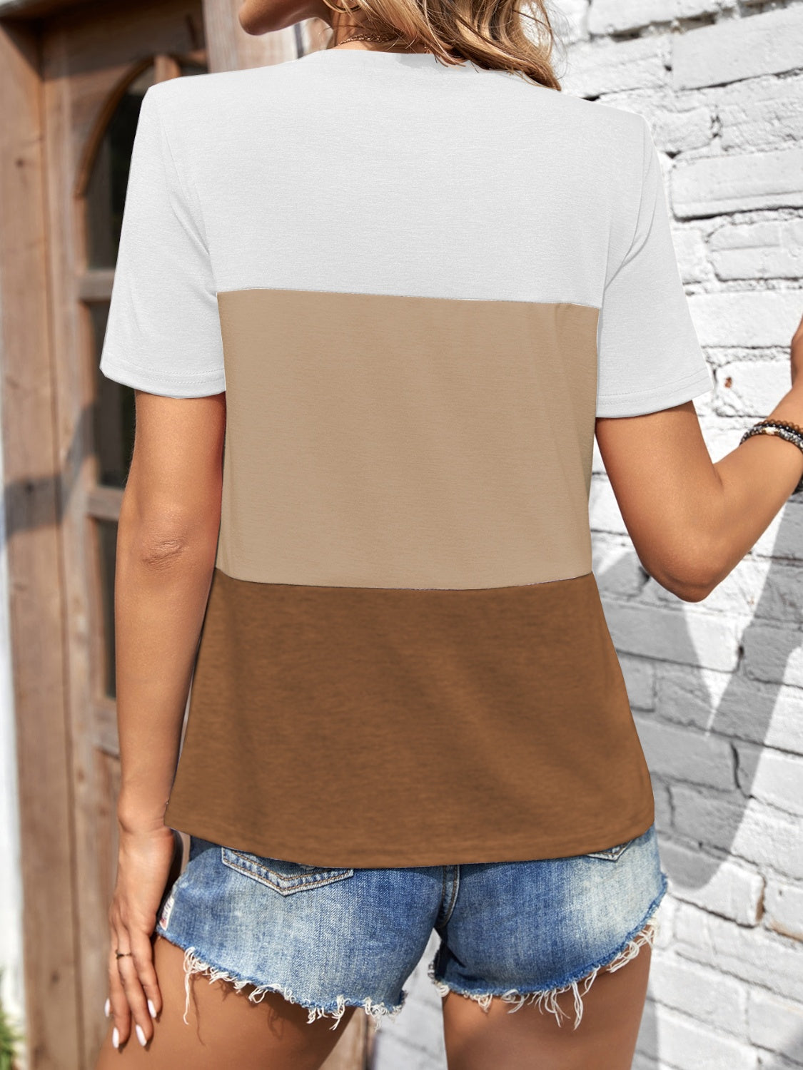 Color Block Round Neck Short Sleeve T-Shirt-TOPS / DRESSES-[Adult]-[Female]-2022 Online Blue Zone Planet