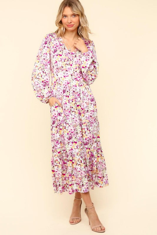 Haptics Full Size Floral V-Neck Long Sleeve Dress with Side Pockets-TOPS / DRESSES-[Adult]-[Female]-2022 Online Blue Zone Planet