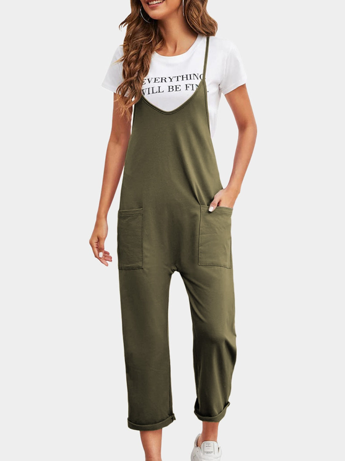 Full Size Spaghetti Strap Straight Leg Jumpsuit with Pockets-[Adult]-[Female]-Matcha Green-S-2022 Online Blue Zone Planet