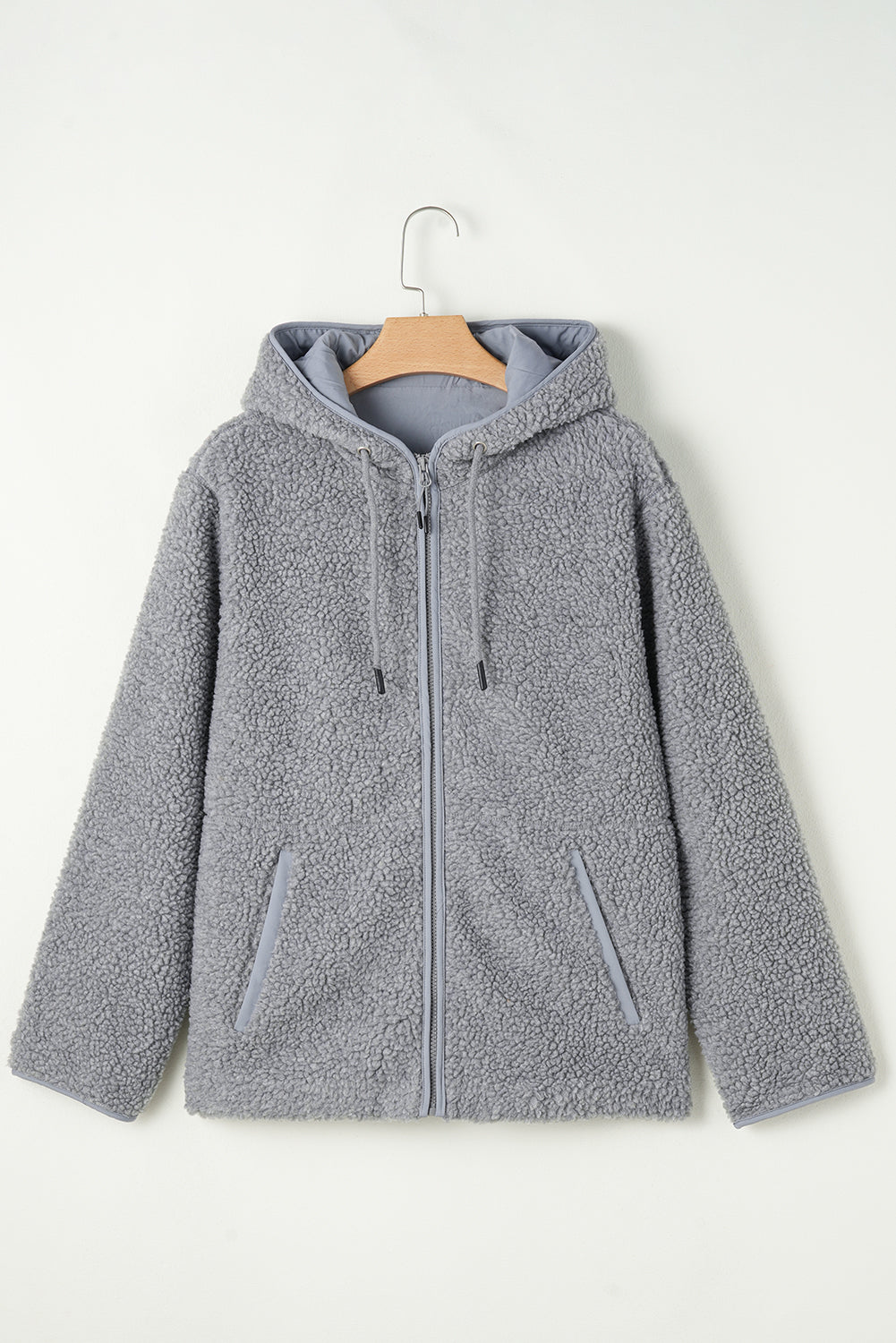 Blue Zone Planet | Medium Grey Fleece Zip Up Drawstring Hooded Pocketed Jacket-Outerwear/Jackets-[Adult]-[Female]-2022 Online Blue Zone Planet