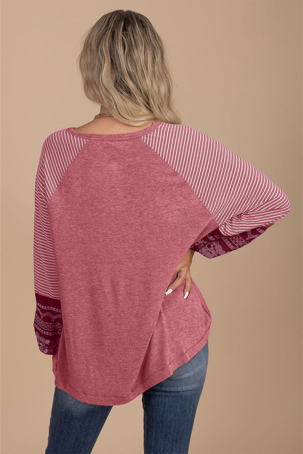 Mineral Red Contrast Print Striped Raglan Long Sleeve Loose Top-Tops/Long Sleeve Tops-[Adult]-[Female]-2022 Online Blue Zone Planet