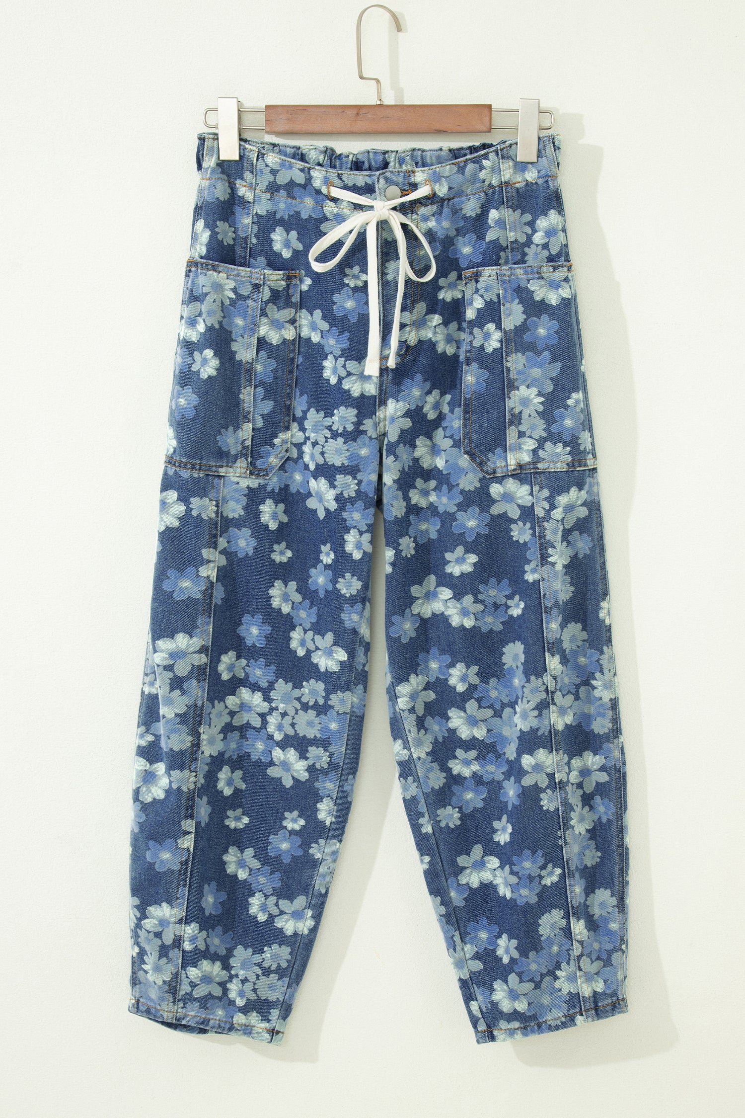 Sky Blue Dainty Floral Printed Drawstring Barrel Jeans-Bottoms/Jeans-[Adult]-[Female]-2022 Online Blue Zone Planet