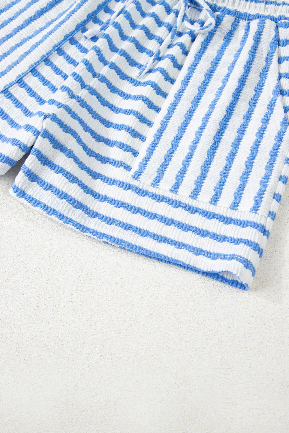 Sky Blue Stripe Knitted Short Sleeve Top and Drawstring Shorts Set-Two Piece Sets/Short Sets-[Adult]-[Female]-2022 Online Blue Zone Planet