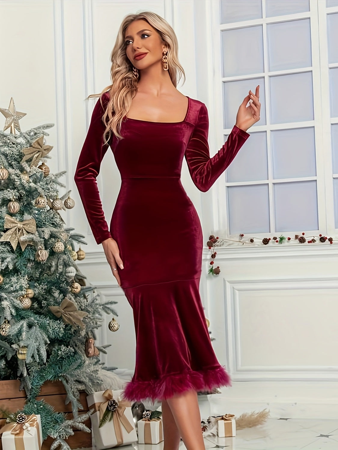 Christmas Plush Hem Square Neck Long Sleeve Dress-TOPS / DRESSES-[Adult]-[Female]-2022 Online Blue Zone Planet