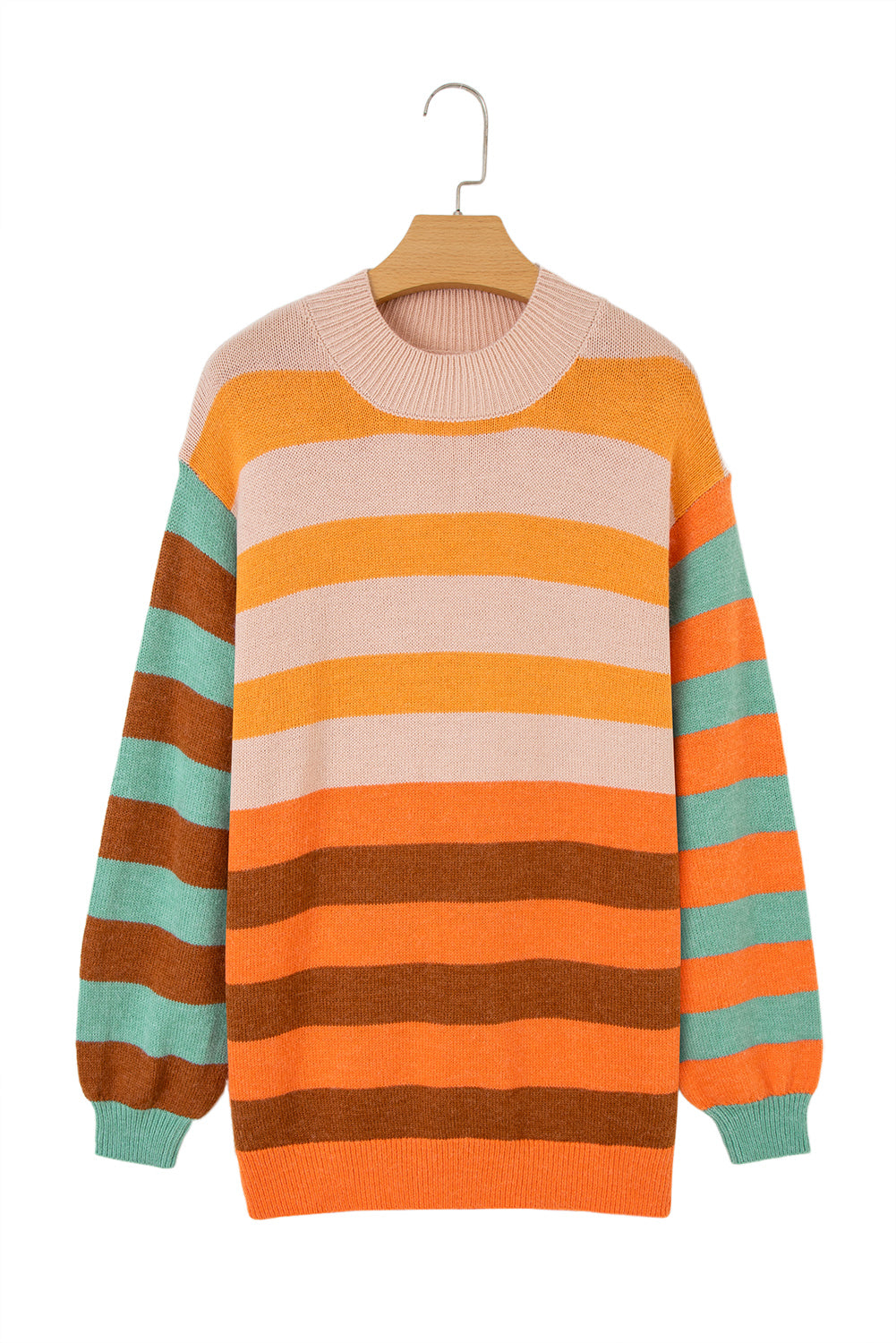 Orange Stripe Color Block High Neck Drop Shoulder Cozy Sweater-Sweaters & Cardigans/Sweaters-[Adult]-[Female]-2022 Online Blue Zone Planet