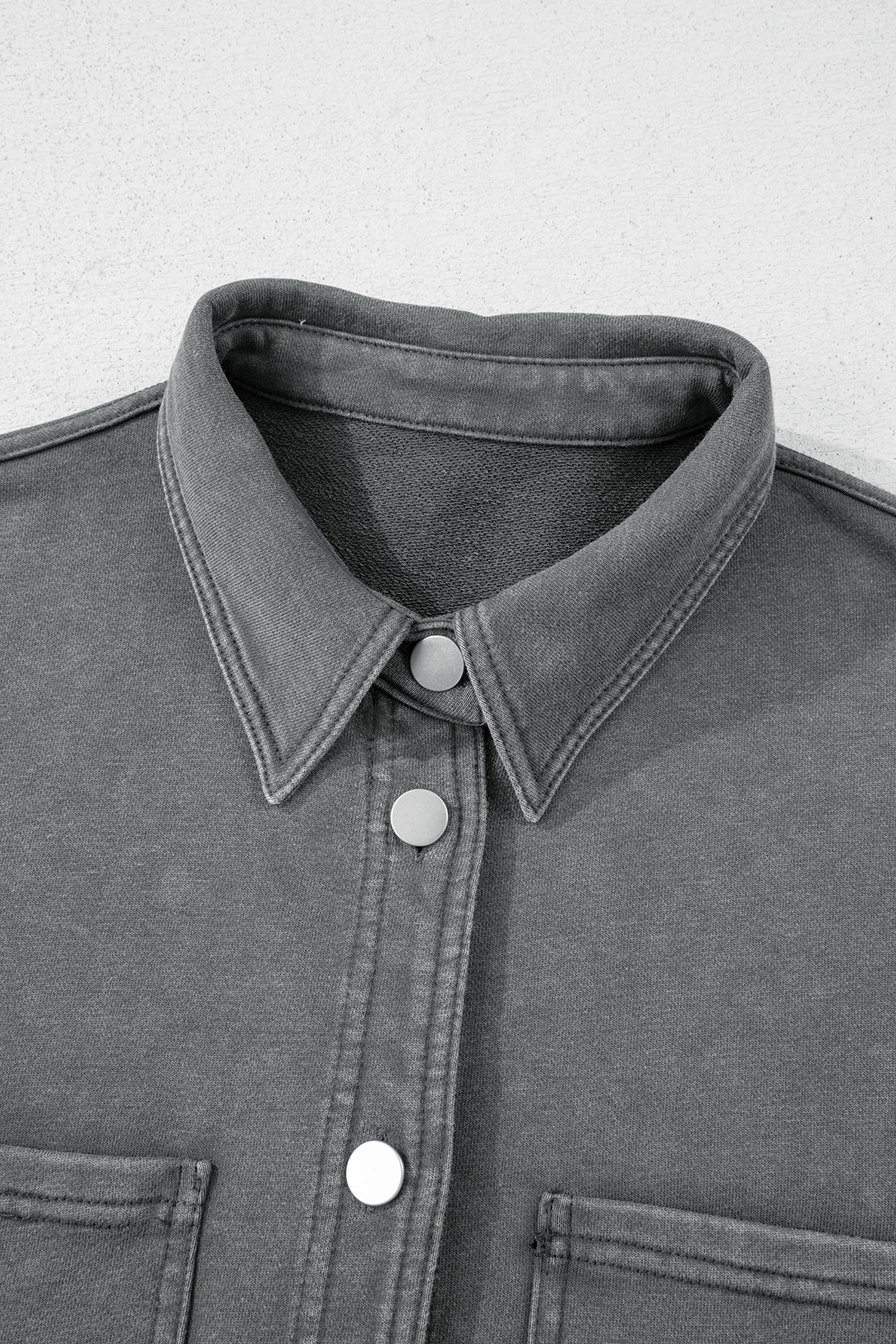 Medium Grey Mineral Wash Chest Pockets Drop Shoulder Shacket with Side Slit-Outerwear/Jackets-[Adult]-[Female]-2022 Online Blue Zone Planet