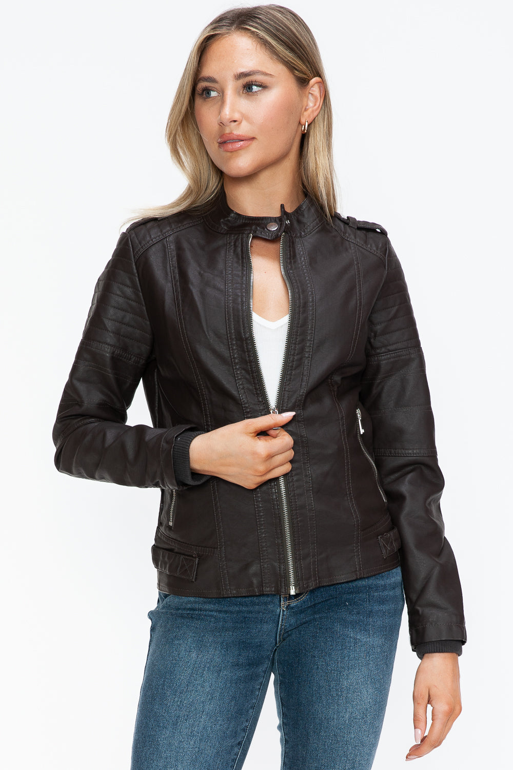 Blue Zone Planet | Snobbish PU Leather Biker Jacket with Side Zip Pockets-TOPS / DRESSES-[Adult]-[Female]-2022 Online Blue Zone Planet