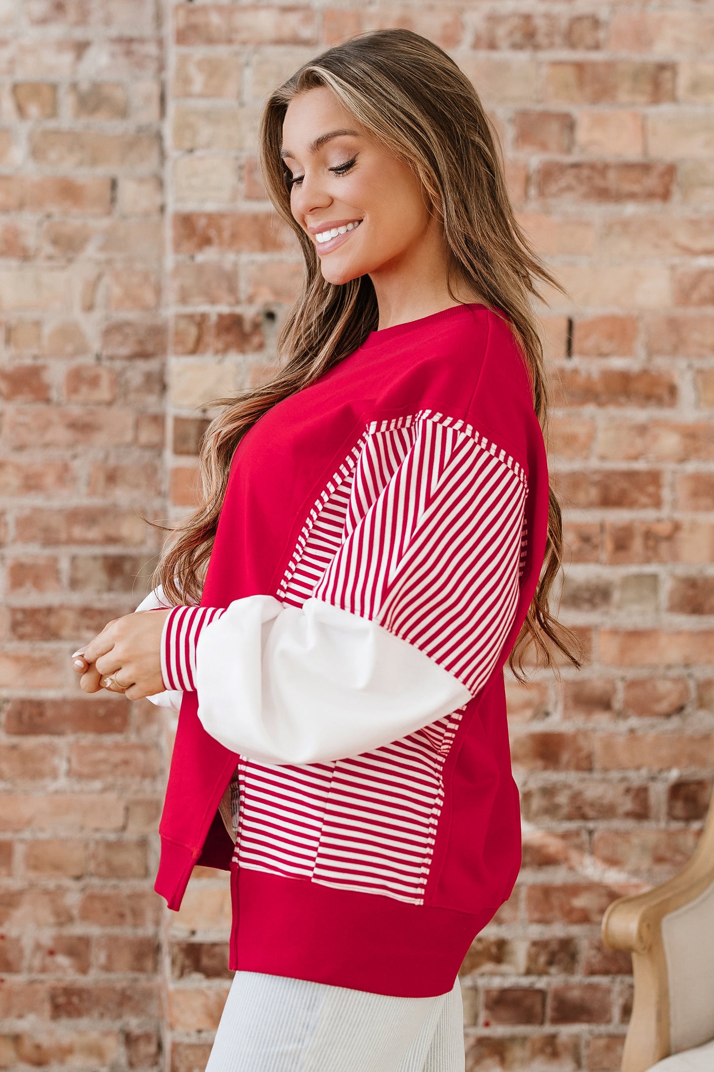 Fiery Red Striped Patchwork Sleeve Colorblock Sweatshirt-Tops/Sweatshirts & Hoodies-[Adult]-[Female]-2022 Online Blue Zone Planet