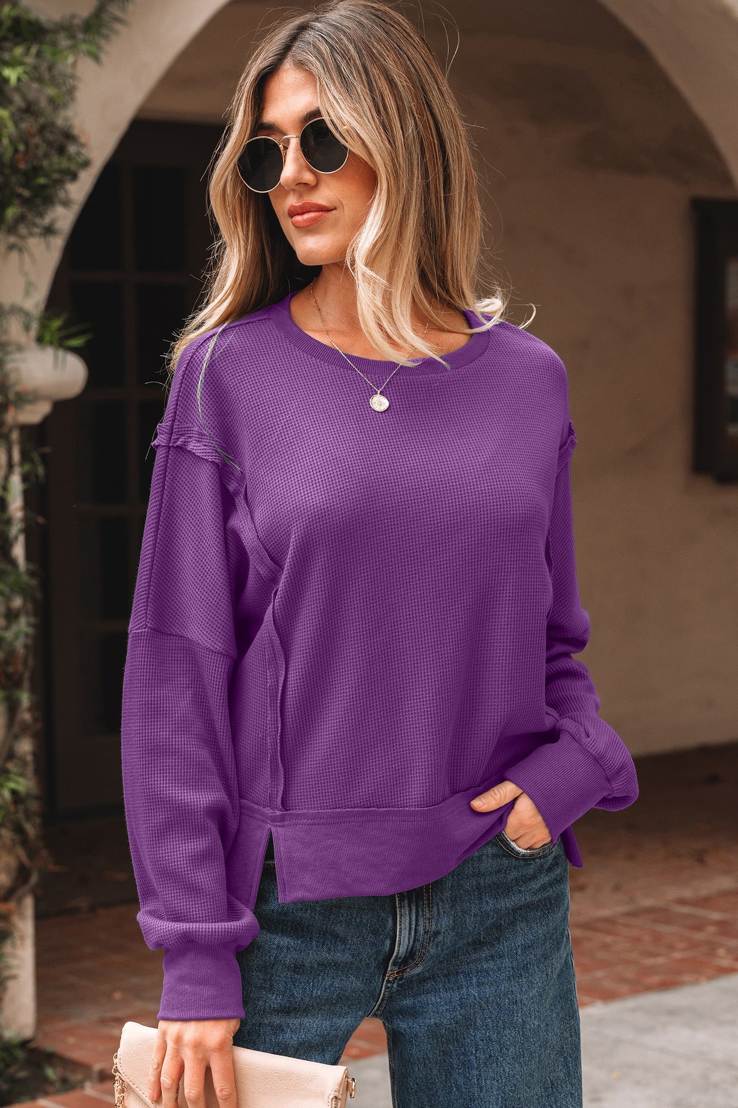 Orchid Mist Solid Color Raw Seam Patchwork Ribbed Drop Shoulder Sweatshirt-Tops/Sweatshirts & Hoodies-[Adult]-[Female]-2022 Online Blue Zone Planet