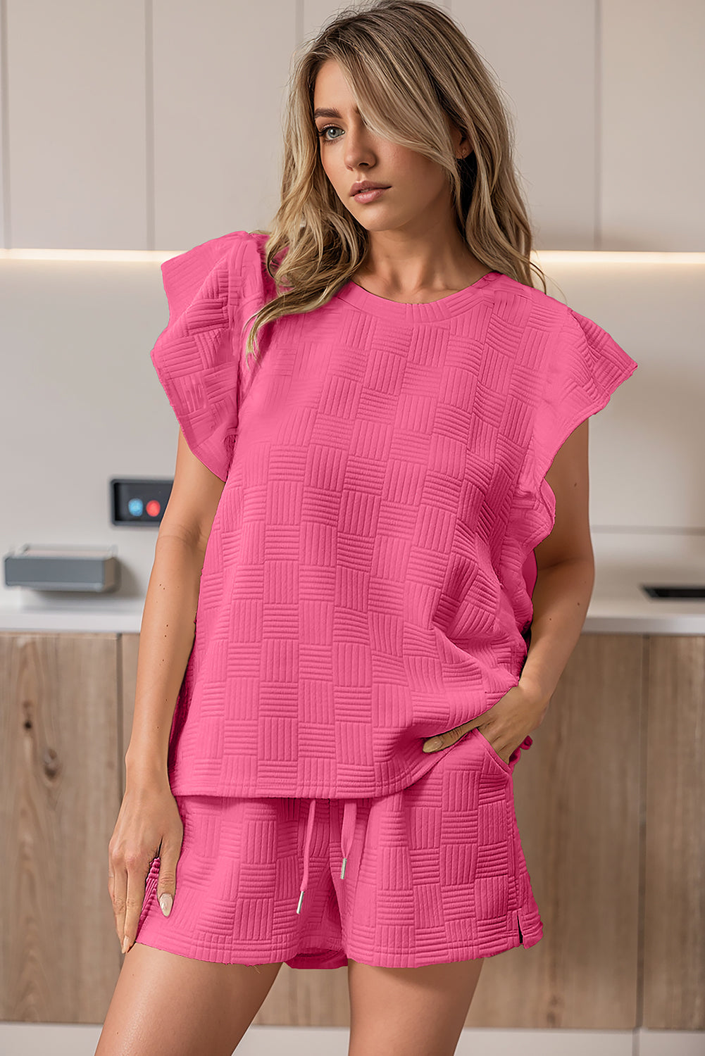 Bonbon Textured Ruffled Sleeve Tee and Drawstring Elastic Waistband Shorts Set-Two Piece Sets/Short Sets-[Adult]-[Female]-2022 Online Blue Zone Planet